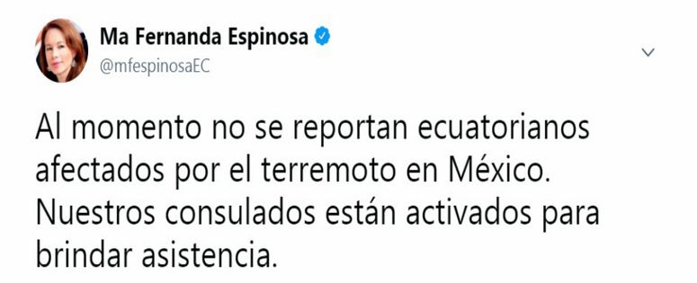 María Fernanda Espinosa, dijo que no se han reportado ecuatorianos afectados en por el terremoto en México