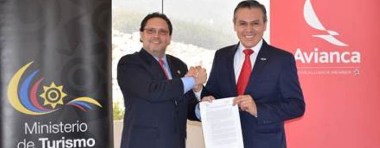 La firma del convenio se realizó entre Enrique Ponce de León, Ministro de Turismo y David Alemán, Director General de Avianca en Ecuador