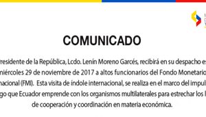 Lenín Moreno recibirá "a altos funcionarios del Fondo Monetario Internacional (FMI)