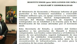 El comunicado que envió ayer por la tarde el ministerio de Finanzas sobre el reintegro de los $ 300 millones prestados de la cuenta del terremoto