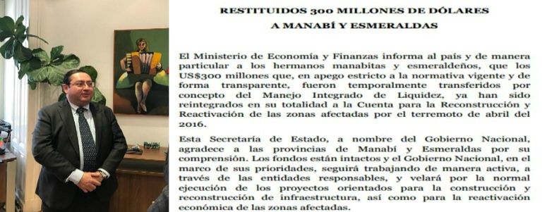 El comunicado que envió ayer por la tarde el ministerio de Finanzas sobre el reintegro de los $ 300 millones prestados de la cuenta del terremoto