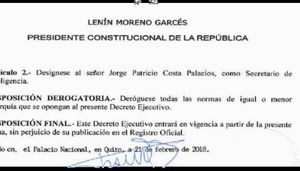 Lenín Moreno designó a Jorge Patricio Costa Palacios como titular de la Secretaría de Inteligencia (Senain), en lugar de Rommy Vallejo.