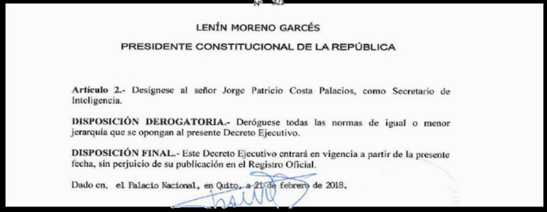 Lenín Moreno designó a Jorge Patricio Costa Palacios como titular de la Secretaría de Inteligencia (Senain), en lugar de Rommy Vallejo.
